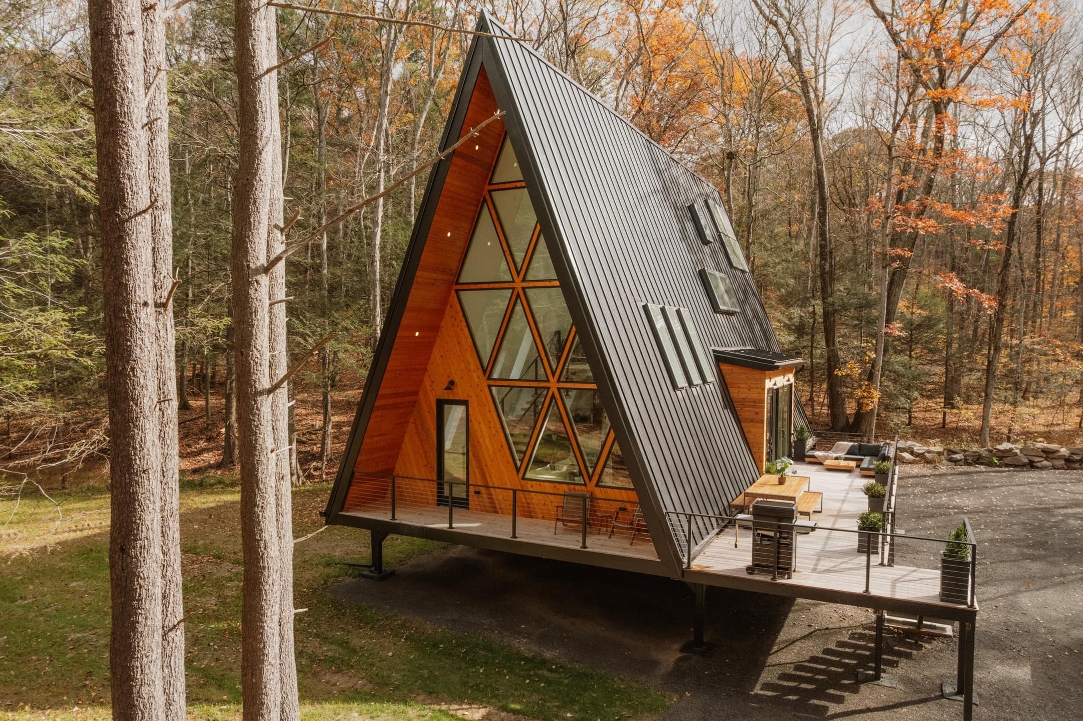 Angled exterior view of the cabin and deck