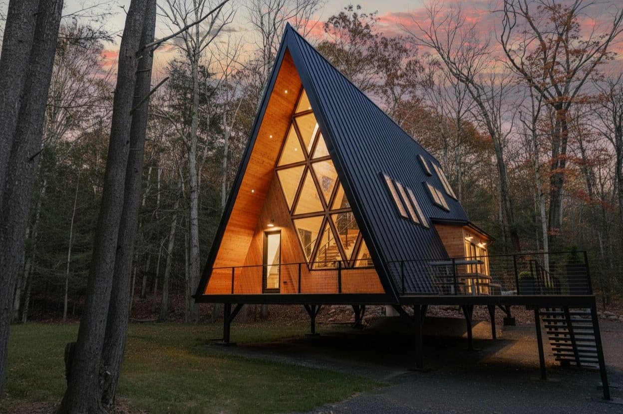 The illuminated A-frame at dusk